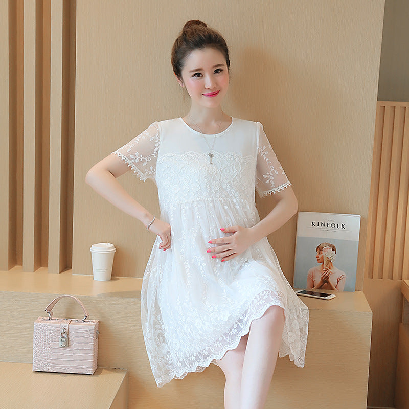 Korean-Style Lace & Crochet Summer Maternity Dress