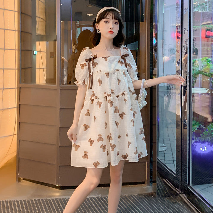 Embrace Motherhood in Style with Our Thin Chiffon Printed Mid-Length Maternity Dress