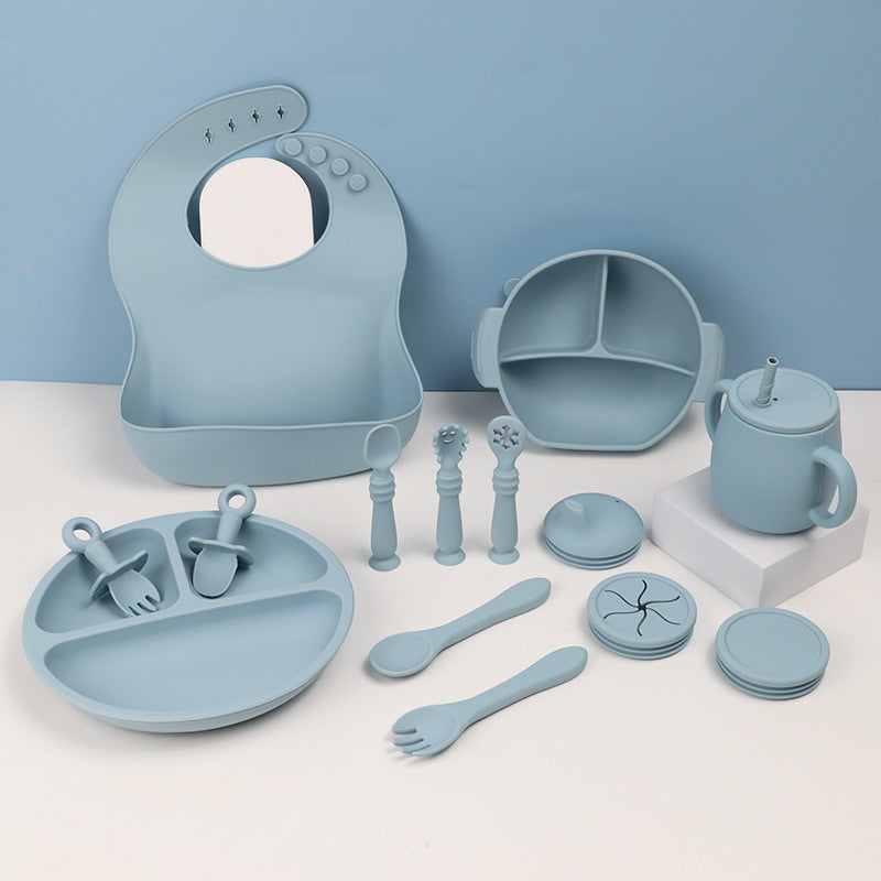 15-Piece Silicone Baby Feeding Tableware Set with Bib & Suction Bowl