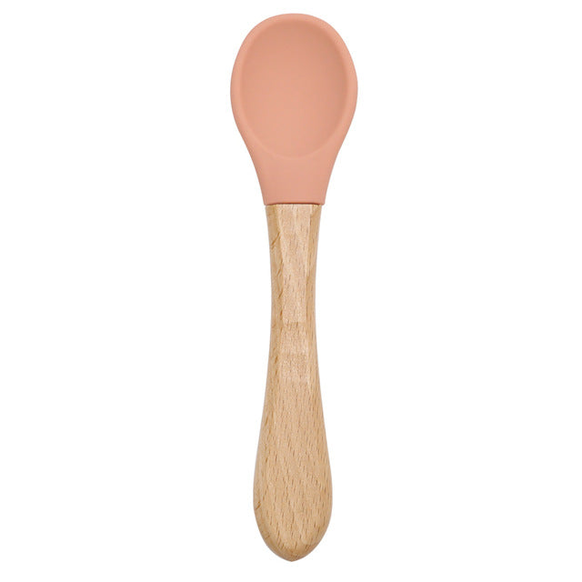 Silicone Wooden Spoon Training Feeding Tableware
