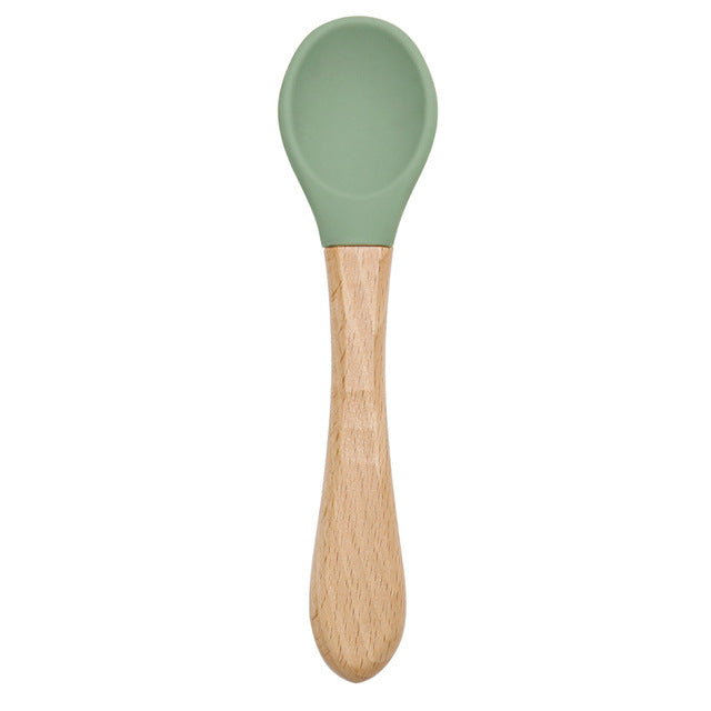 Silicone Wooden Spoon Training Feeding Tableware