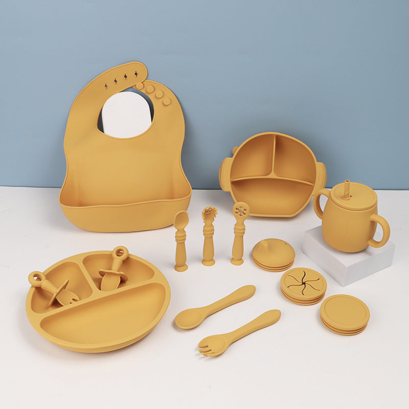 15-Piece Silicone Baby Feeding Tableware Set with Bib & Suction Bowl