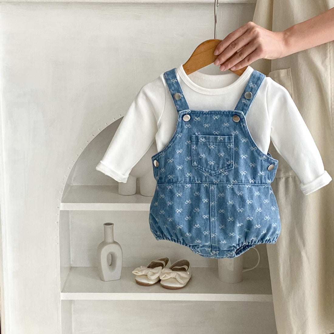 Denim Bow Strap Triangle Romper for Babies