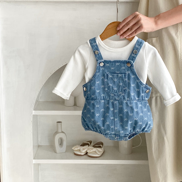 Denim Bow Strap Triangle Romper for Babies