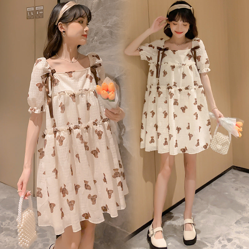 Thin Chiffon Printed Mid-Length Maternity Dress