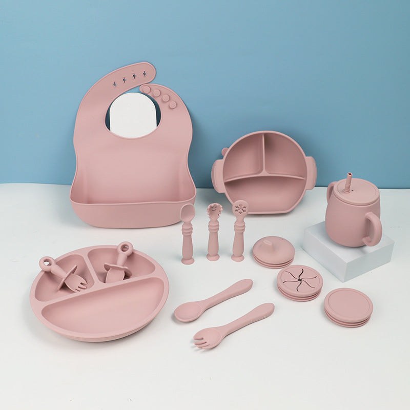 15-Piece Silicone Baby Feeding Tableware Set with Bib & Suction Bowl