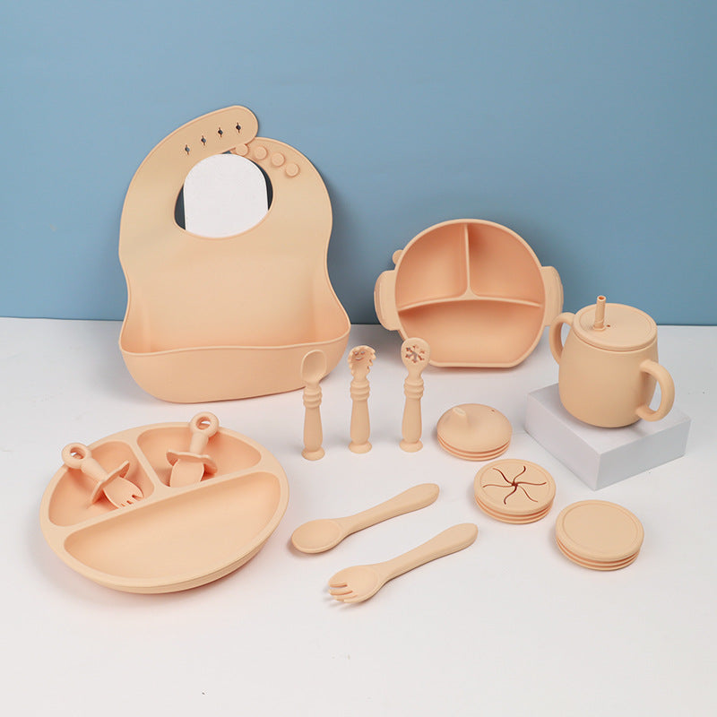 15-Piece Silicone Baby Feeding Tableware Set with Bib & Suction Bowl