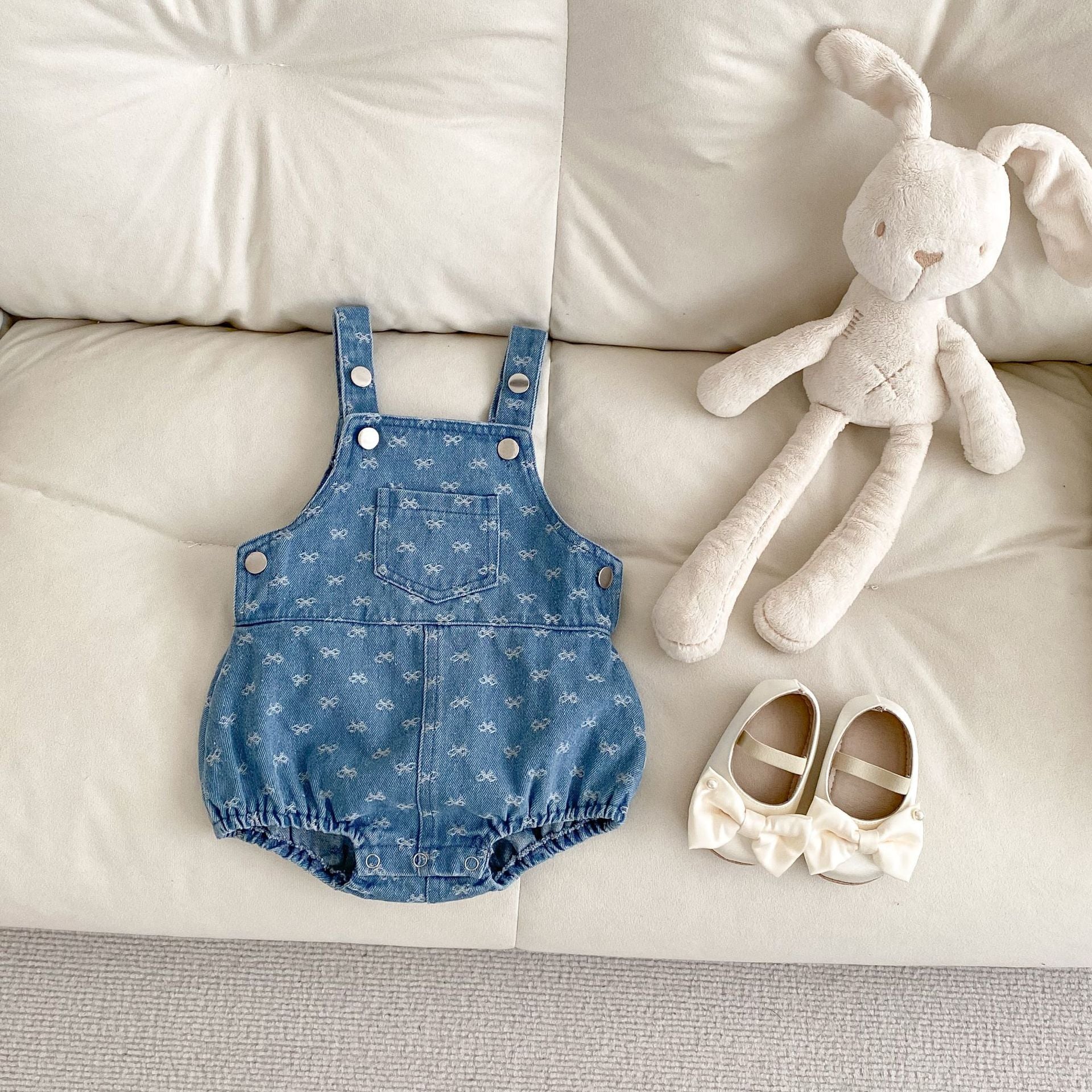 Denim Bow Strap Triangle Romper for Babies
