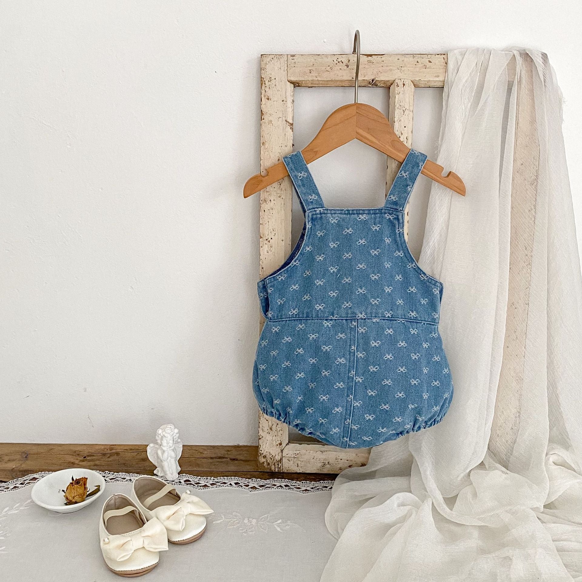 Denim Bow Strap Triangle Romper for Babies