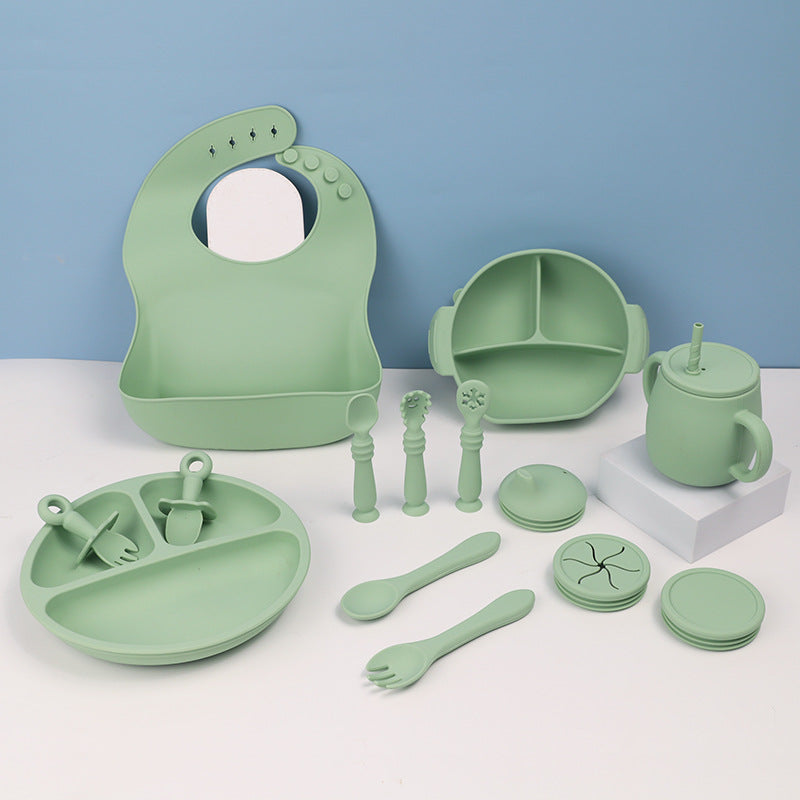 15-Piece Silicone Baby Feeding Tableware Set with Bib & Suction Bowl