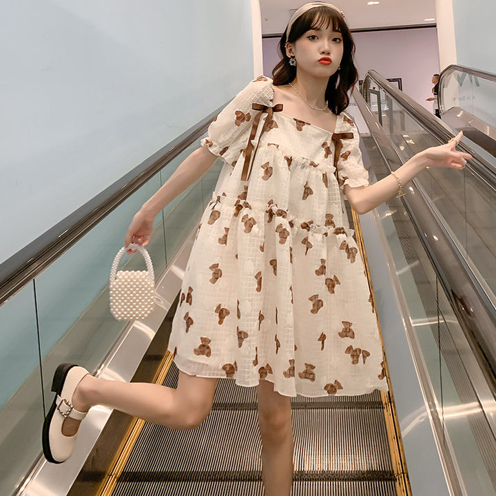 Thin Chiffon Printed Mid-Length Maternity Dress